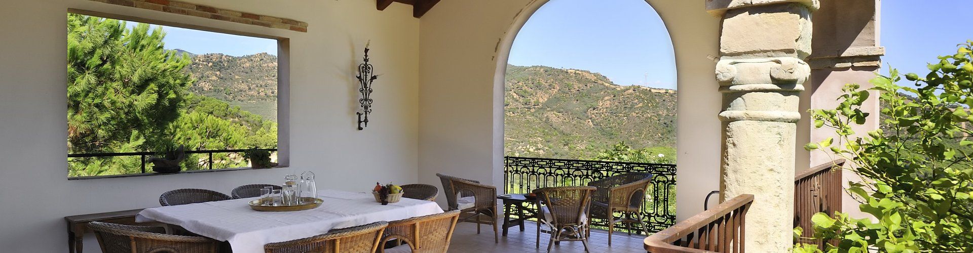 Roofed terrace with table for 8 people and view into the nature