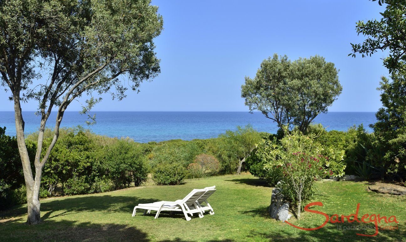 View across the wide garden towards the blue sea