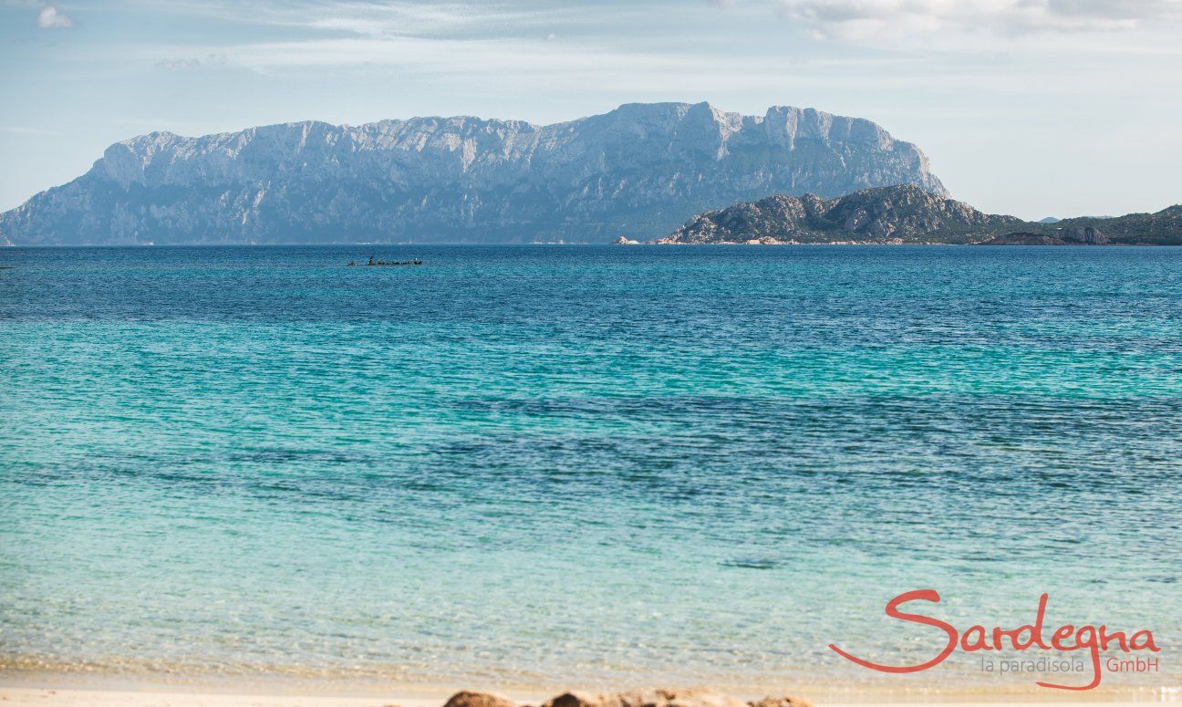 Water shimmering in turqoise blue colours in front of the isle of Tavolara close to Olbia