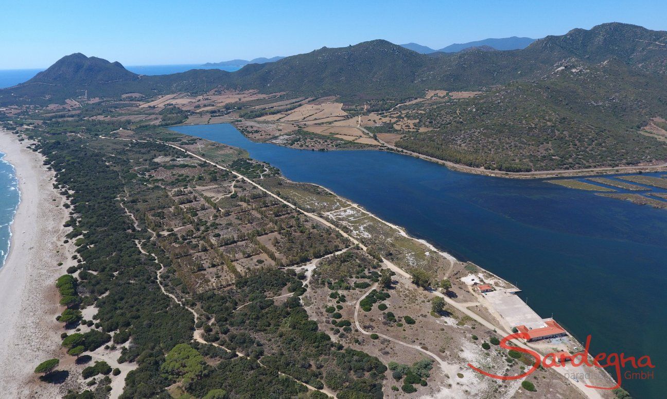 Airview of the beach of San Giovanni with the wetlands and mountains behind it