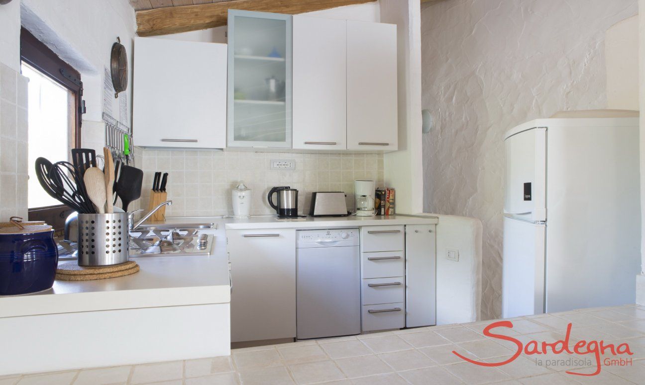 Open space kitche with dishwaser, gas stove, fridge with freezer and electric devices