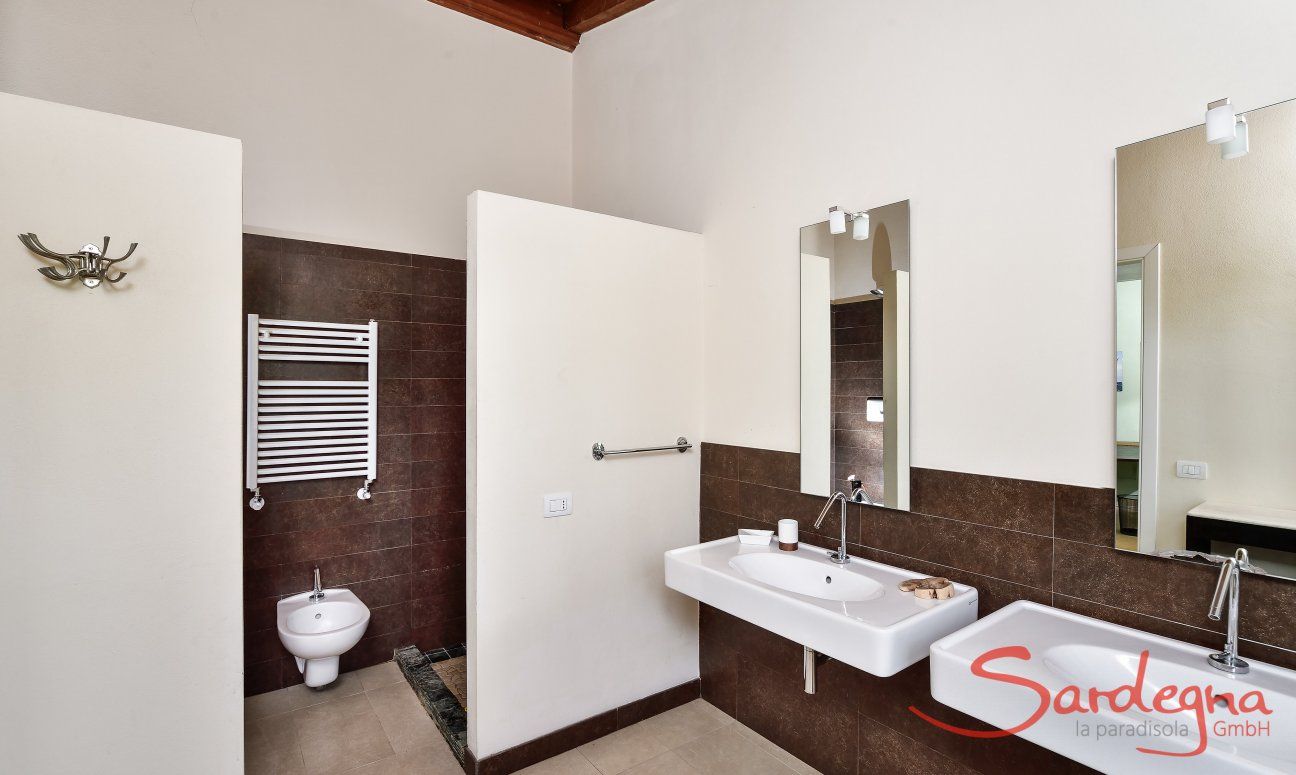 Villa Caroline | Modern bathroom 1 with two sinks and a walk-in shower Modern bathroom 1 with two sinks and a walk-in shower
