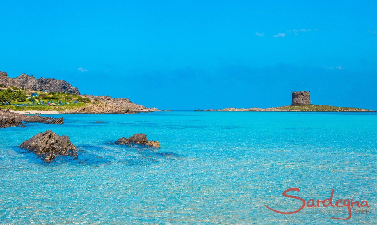 View over the crystal clear sea onto the beach of La Pelosa, Stintino