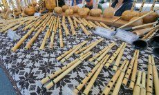 Market stand in Muravera selling handicraft made Launeddas, traditional sardinian instrument