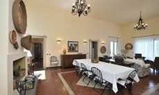 Living room with a big dining table and a fireplace 