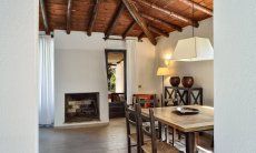 Living room with dining table and fireplace 