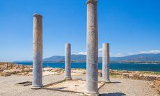 Roman columns and mosaics in the archeological site of Nora