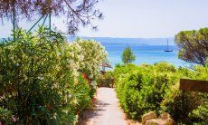 Access to the beach Le Bombarde Alghero over a pathway through green mediteranean plants
