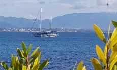 View on the sea with a sailing boat in the bay of Cagliari